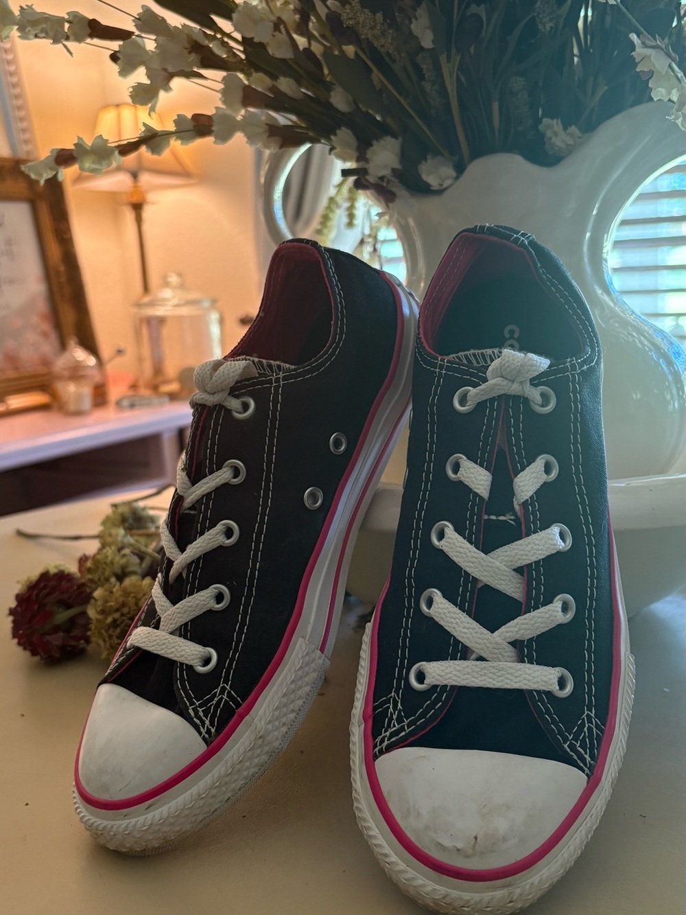 Converse Black Canvas Low-Top Sneakers with Pink Accents